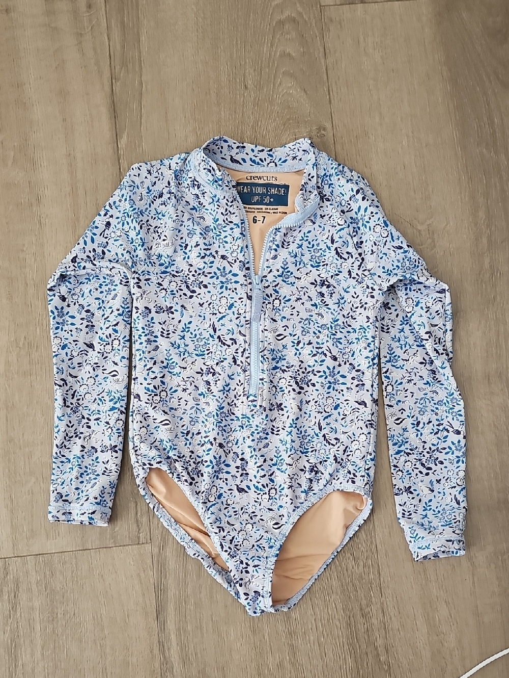 Crewcuts Girls' Blue Floral Long-Sleeve UPF Swim Rashguard One-Piece Size 6-7